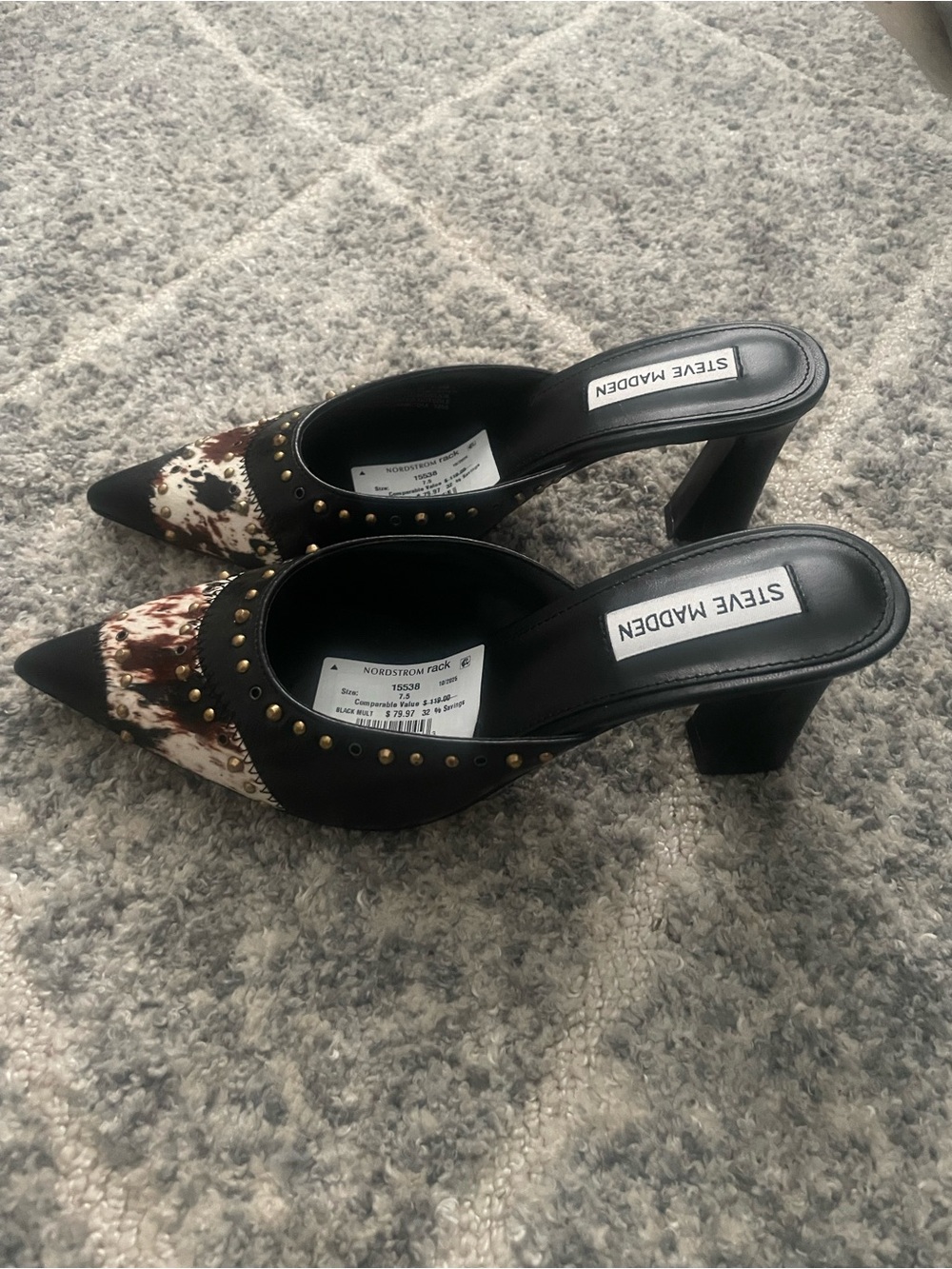 Steve Madden Black Mules with Brown & White Cow-Print Toe and Gold Studs - Picture 3 of 5